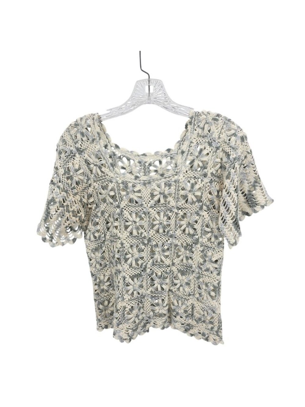 Crochet Squares Floral Top Womens Small White Gray Cotton Boho Cottagecore